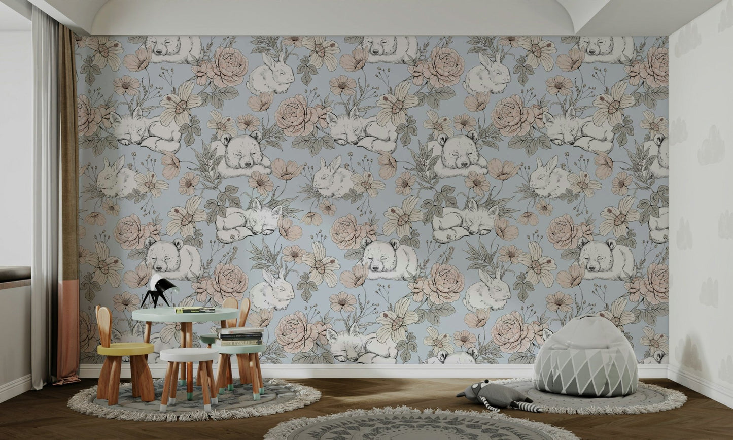 Soft blue background with forest animals

