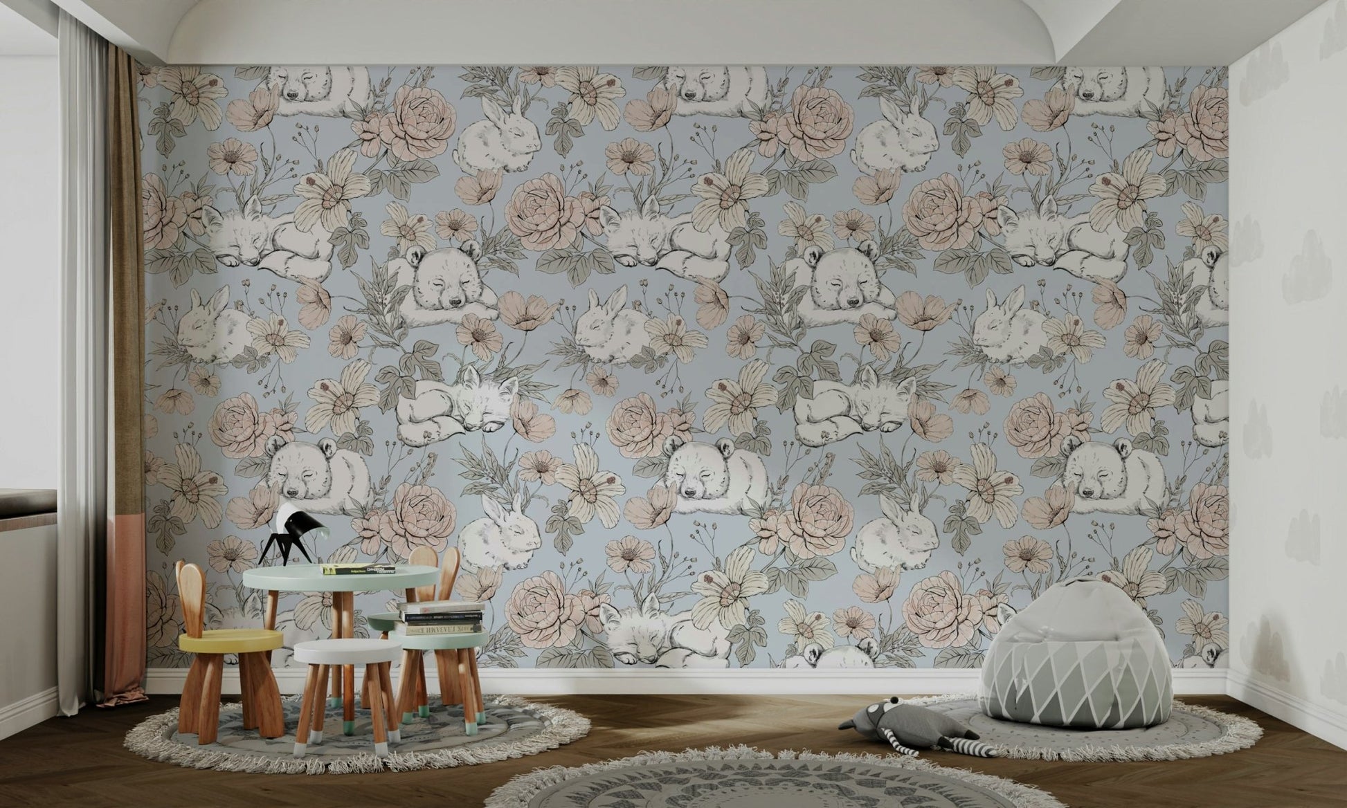 Soft blue background with forest animals

