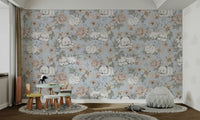 Soft blue background with forest animals

