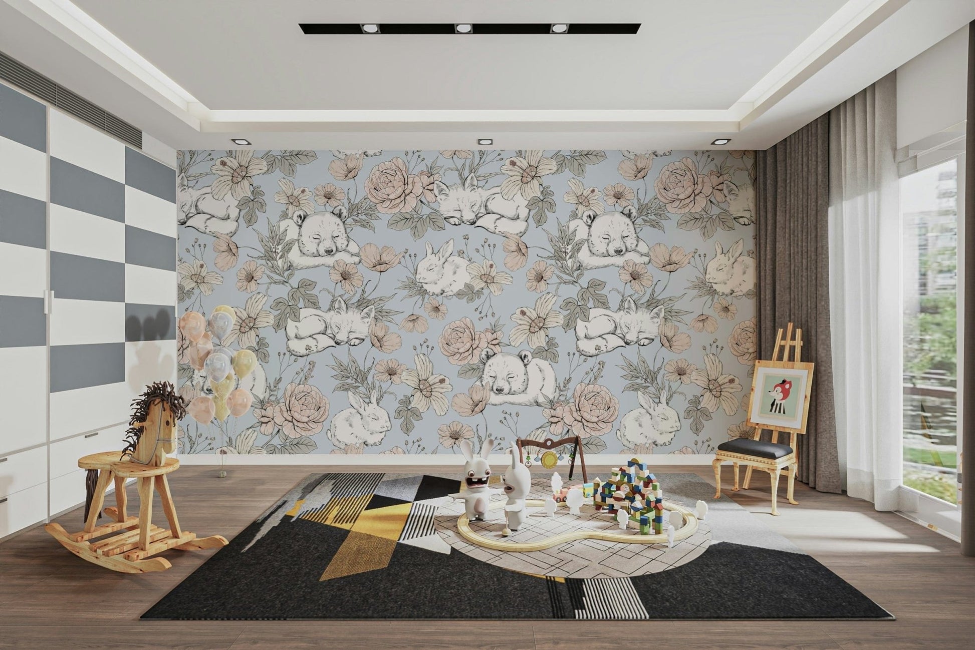 Cute baby animals forest-themed wallpaper

