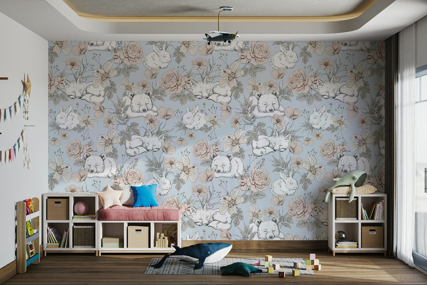 Blue nursery wallpaper with floral accents

