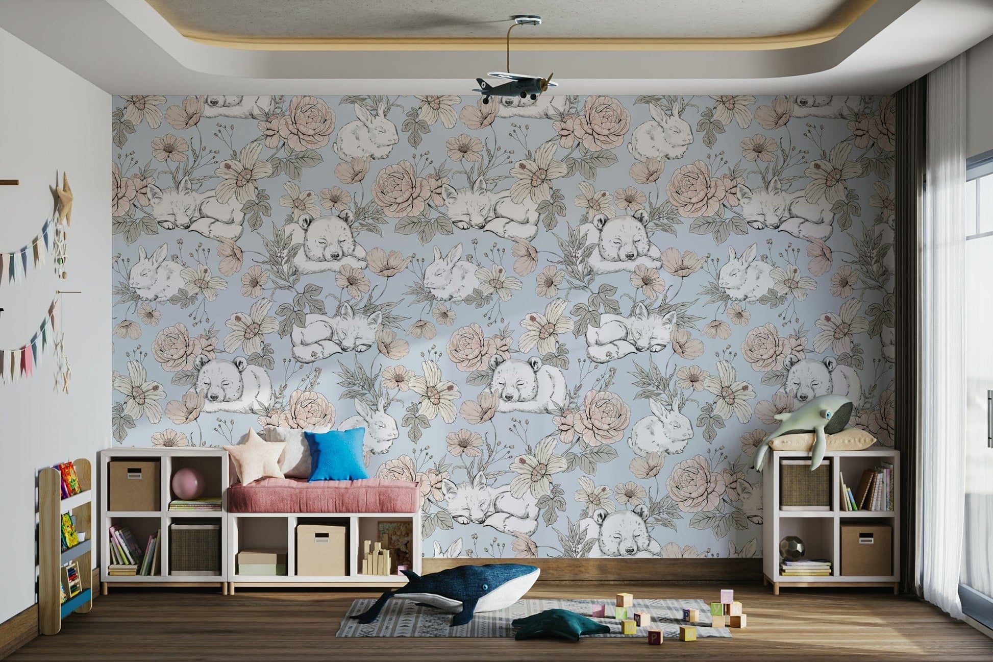 Blue nursery wallpaper with floral accents

