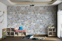 Blue nursery wallpaper with floral accents

