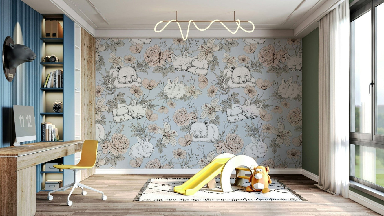 Sleeping woodland animals on blue wallpaper

