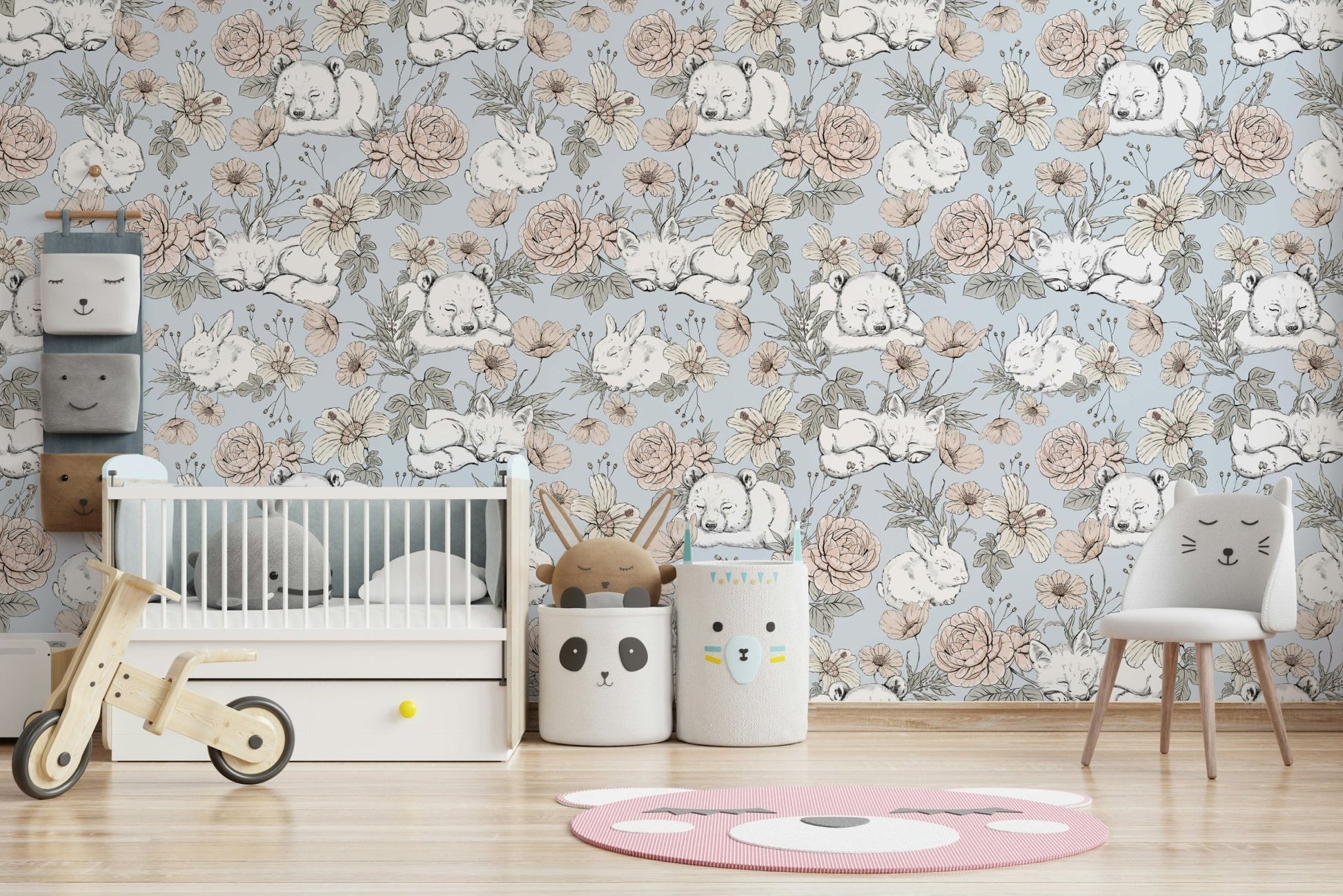 Sleeping fox and bear wallpaper for nursery

