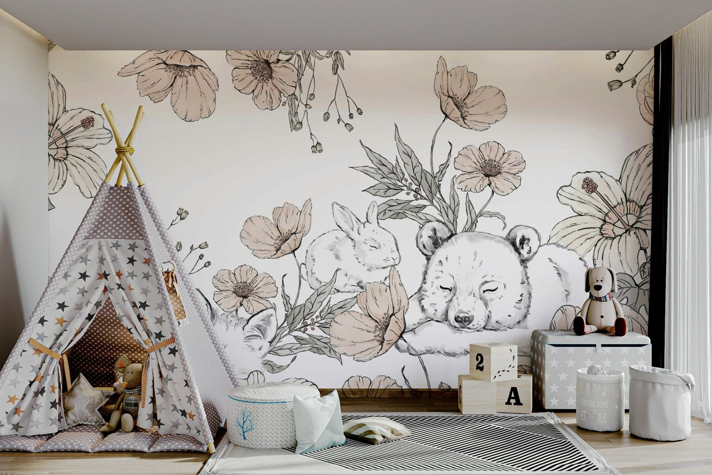 Calm nature mural with sleeping fox and deer GD052

