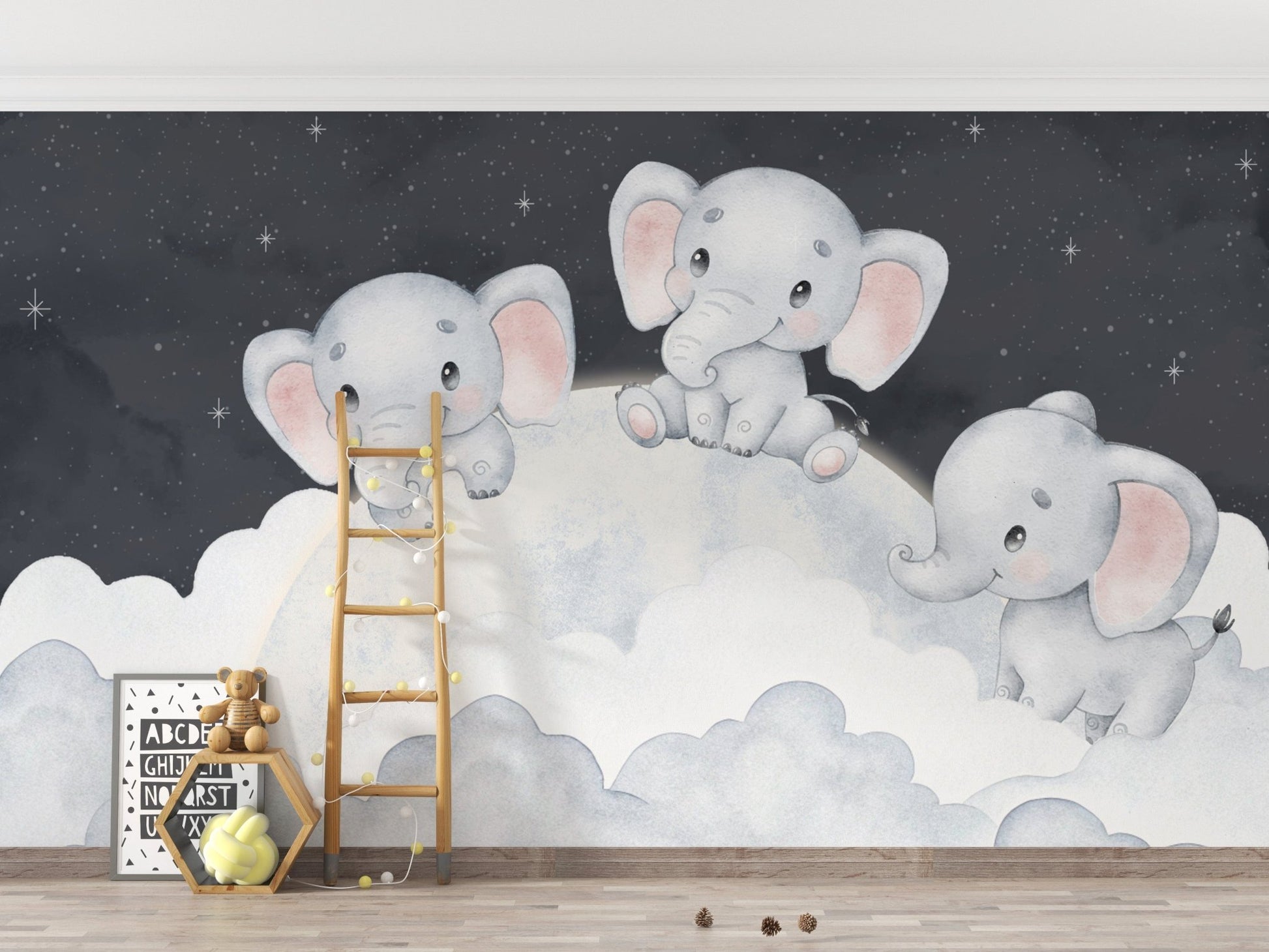 Peaceful elephant cloud mural for nursery
