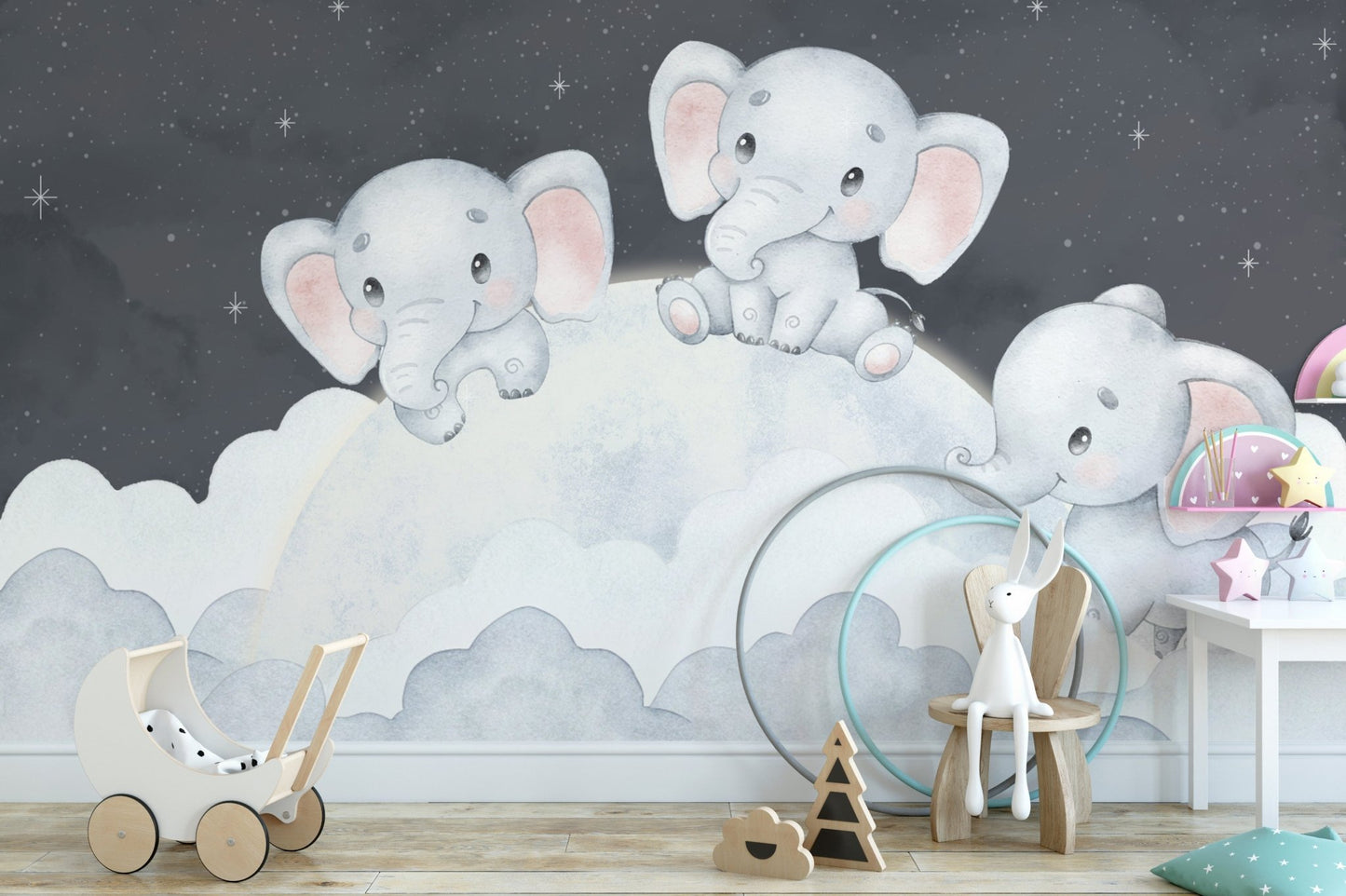 Adorable elephants on fluffy clouds mural
