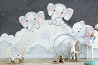 Adorable elephants on fluffy clouds mural
