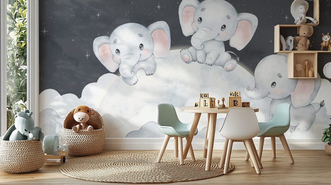 Sleepy elephant cloud mural for nursery
