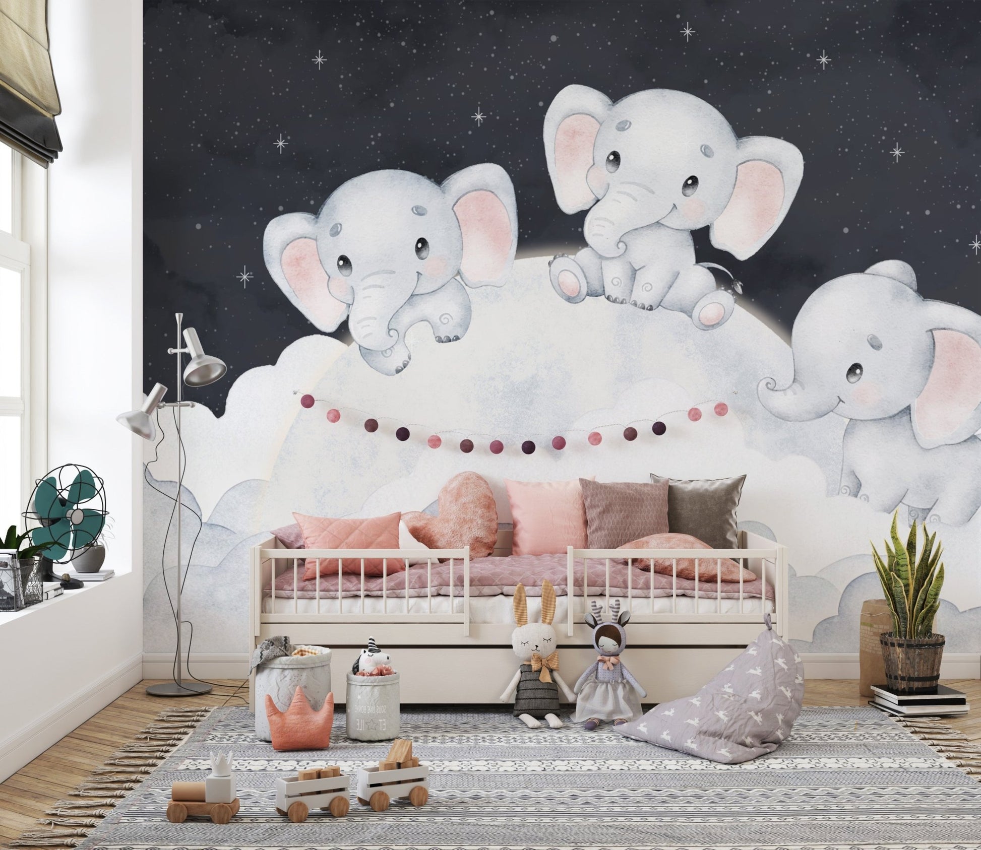 Sleepy baby elephants in cloud mural
