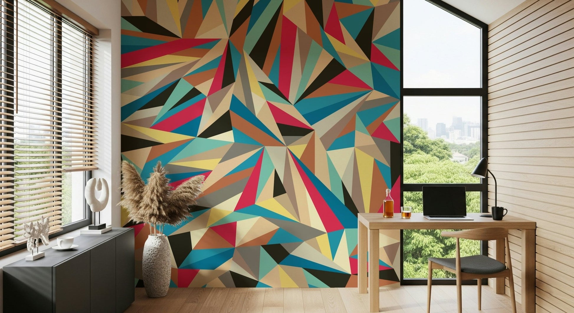 An artistic abstract shape mural on minimalist wallpaper., GD5352