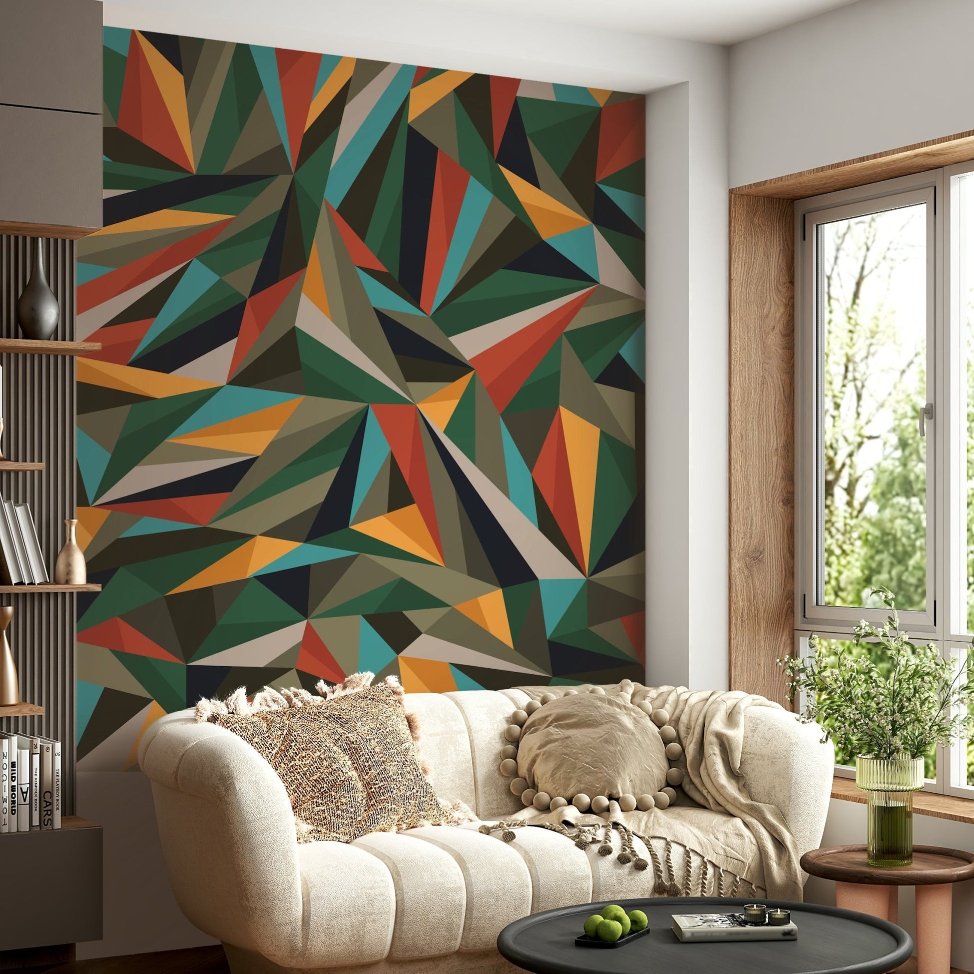 A contemplative geometric design wallpaper mural for a feature wall.