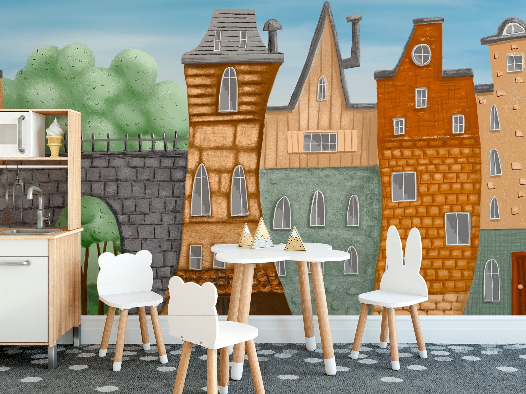 Whimsical city wallpaper for kids' rooms, B406