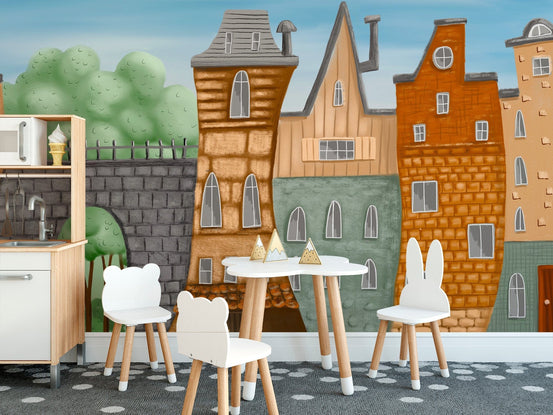 Whimsical city wallpaper for kids' rooms, B406