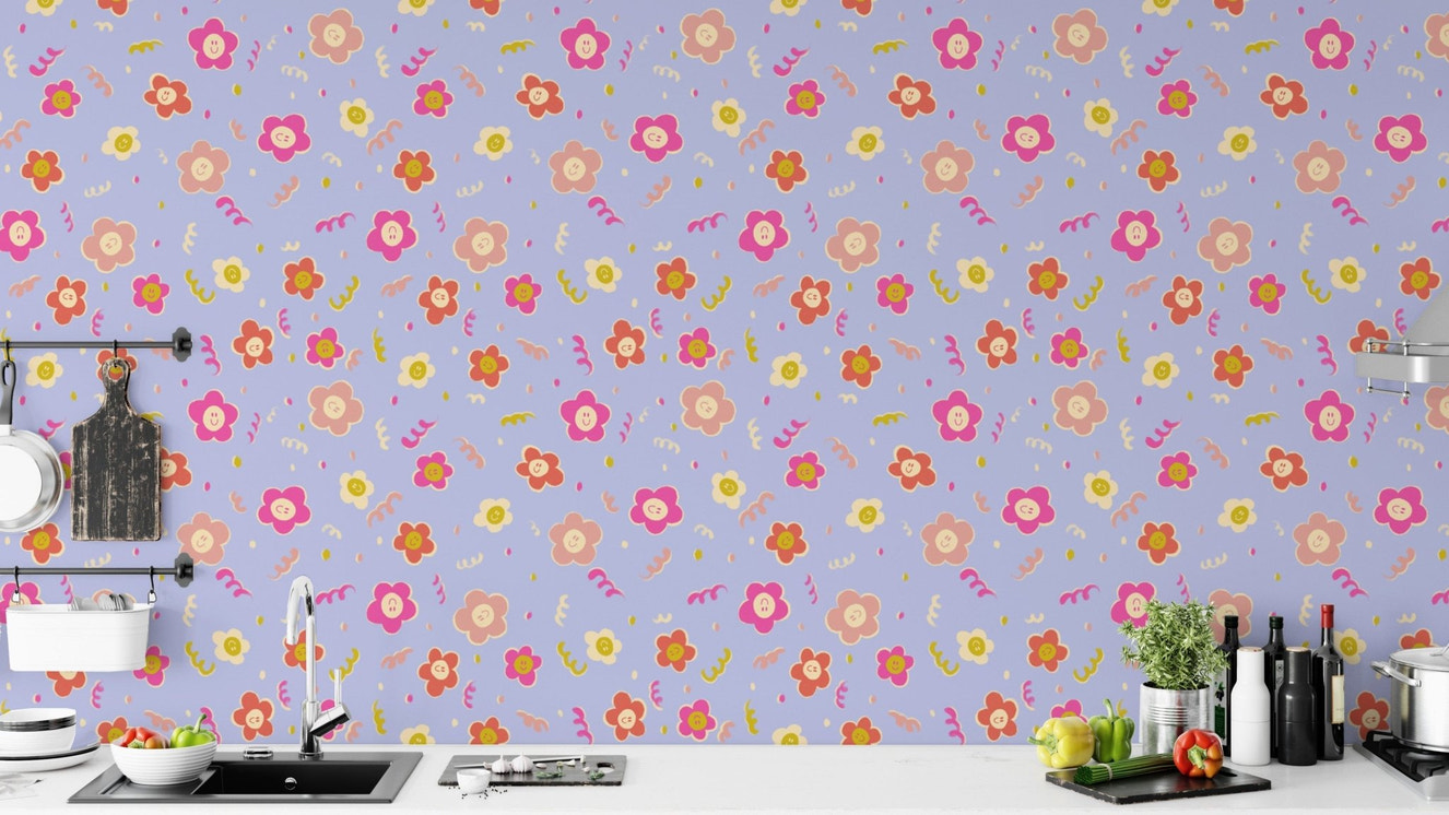Minimalist smiley blooms wallpaper with modern floral accents.
