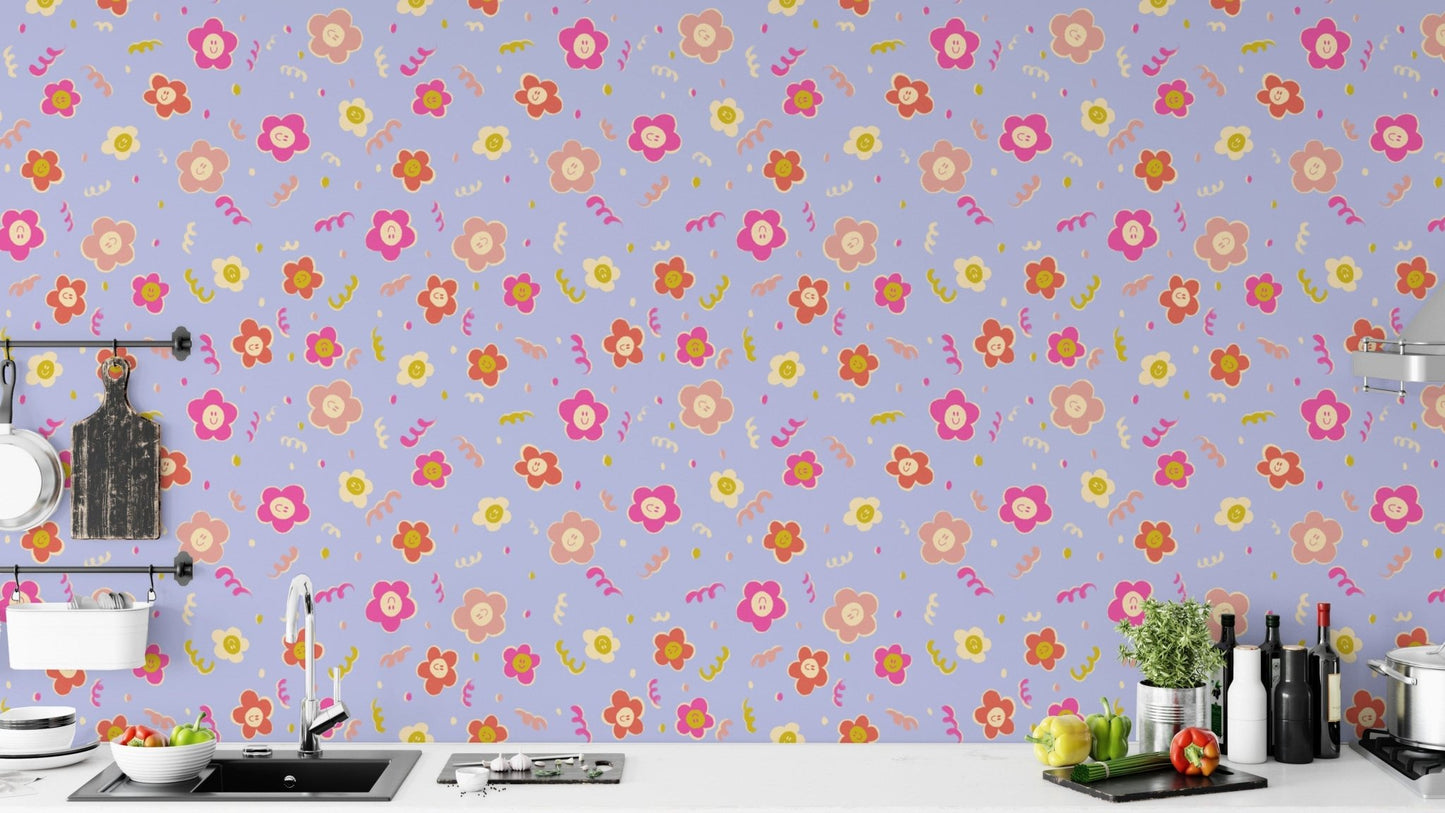 Minimalist smiley blooms wallpaper with modern floral accents.
