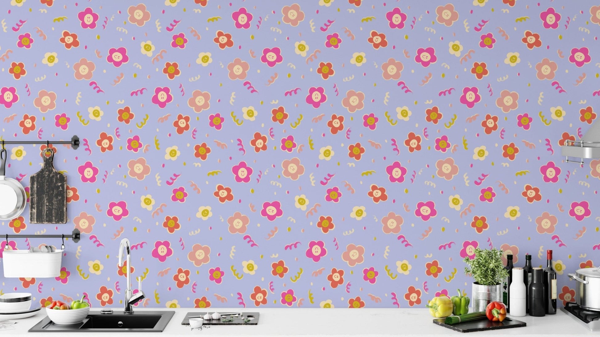 Minimalist smiley blooms wallpaper with modern floral accents.
