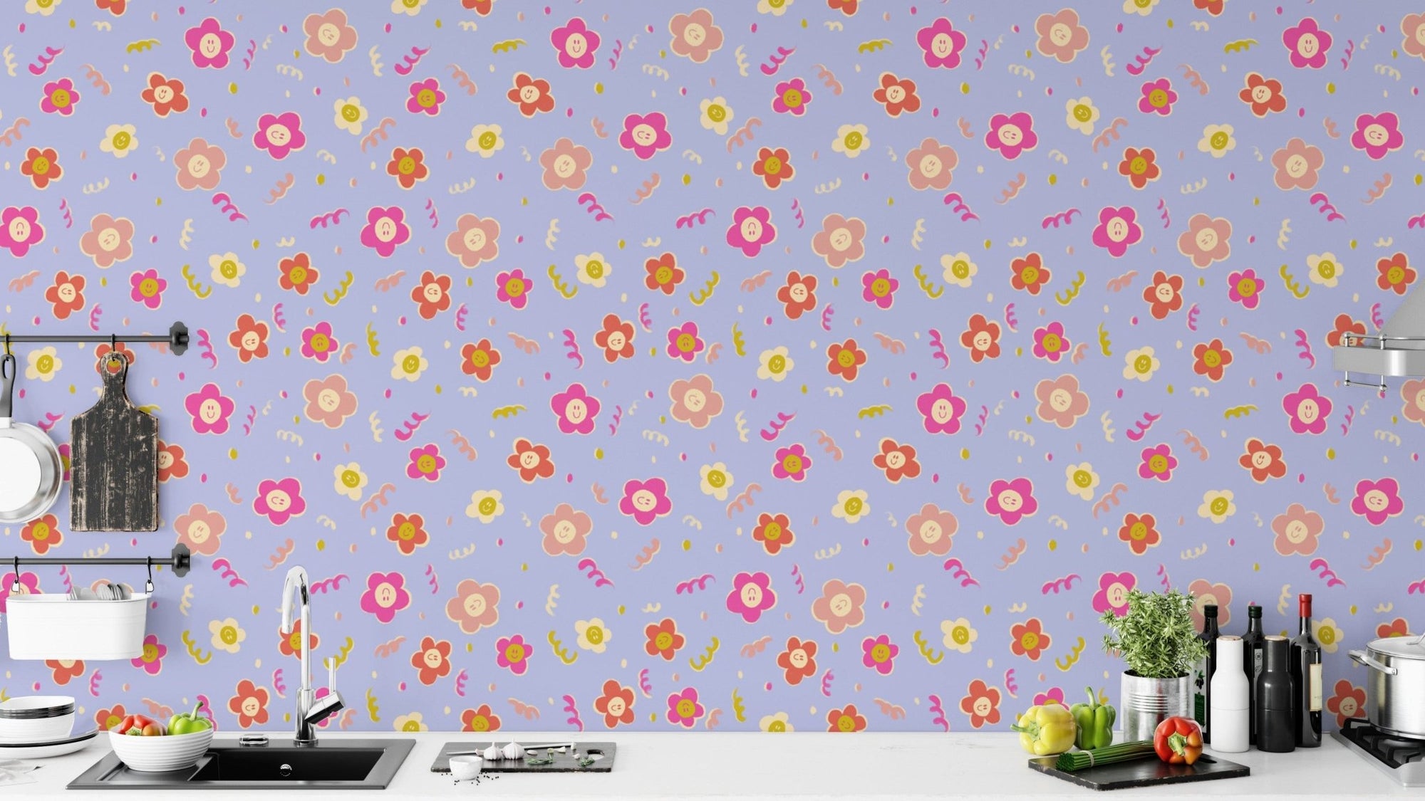 Minimalist smiley blooms wallpaper with modern floral accents. NI16
