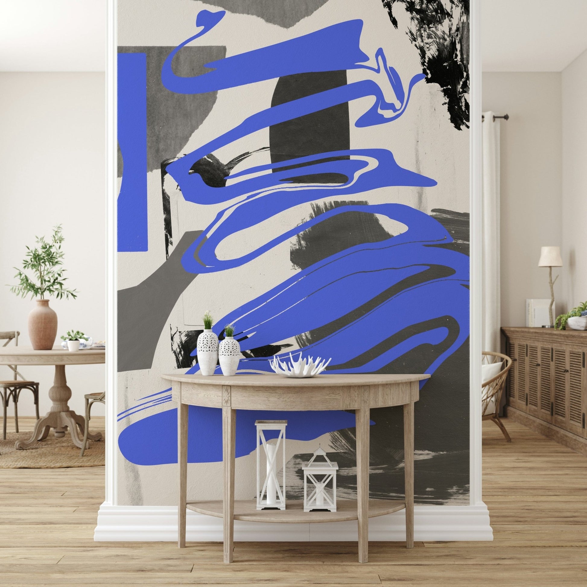 Contemporary furniture styled against the Smoke and Mirrors wallpaper.