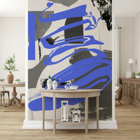 Contemporary furniture styled against the Smoke and Mirrors wallpaper.