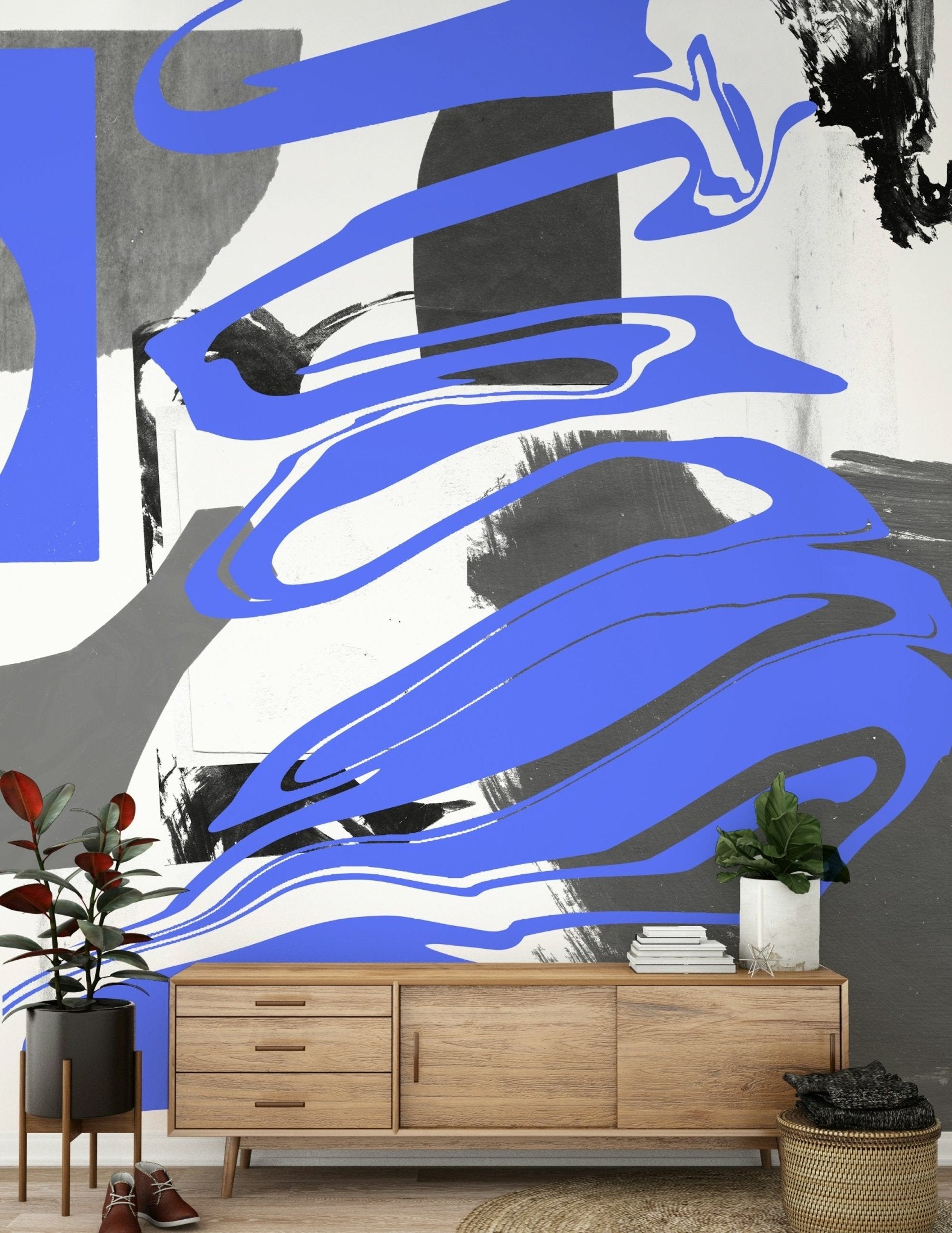 Full living room featuring the mysterious Smoke and Mirrors Wall Mural., GD6187