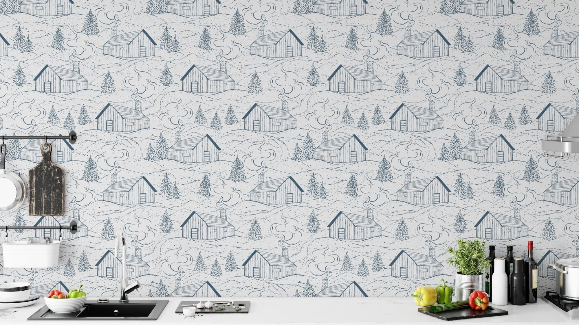 Whimsical smokey cabins wallpaper in blue for playful, cozy rooms. RNM81