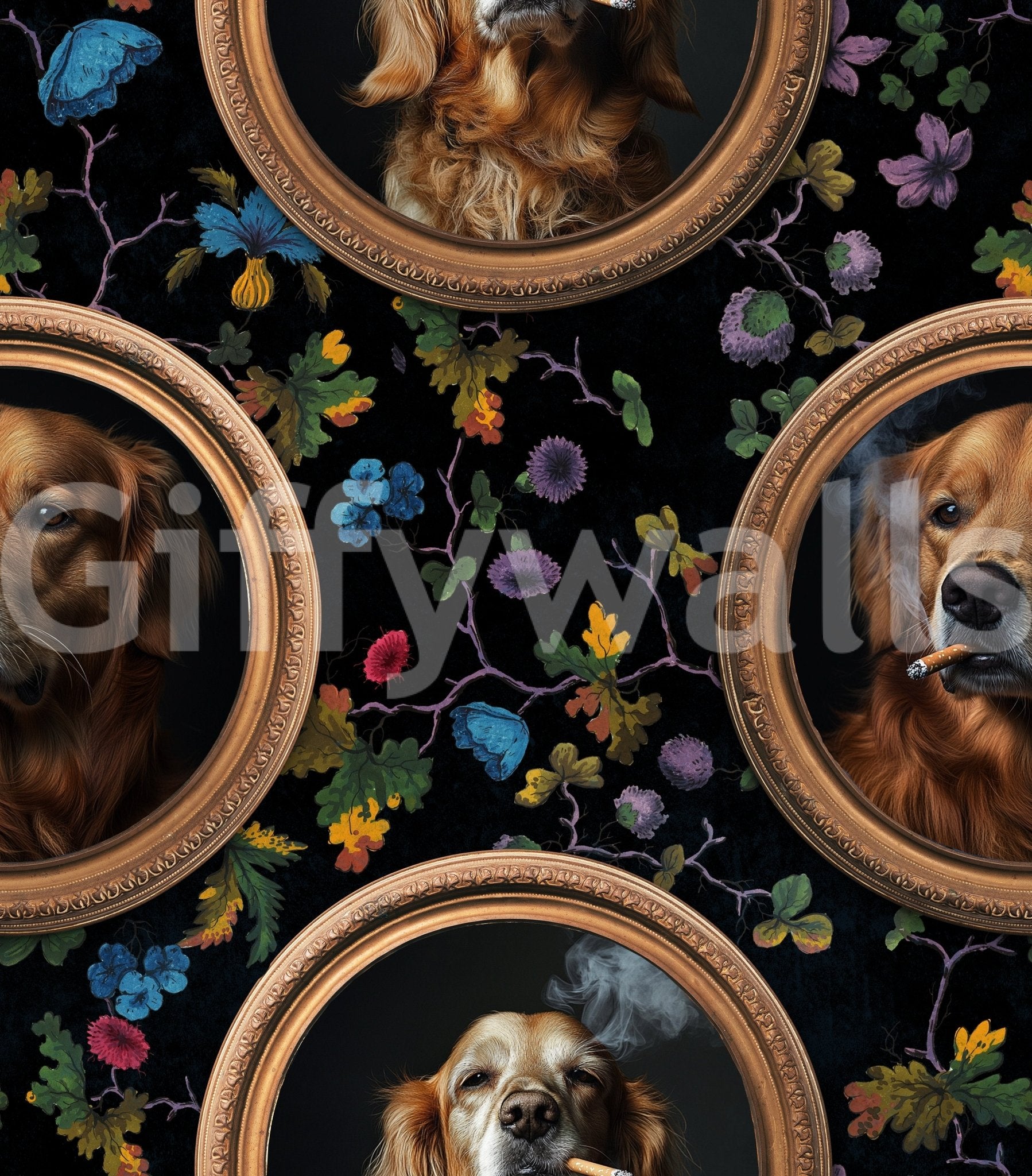 Wall decor blending classic art with a humorous canine twist.

