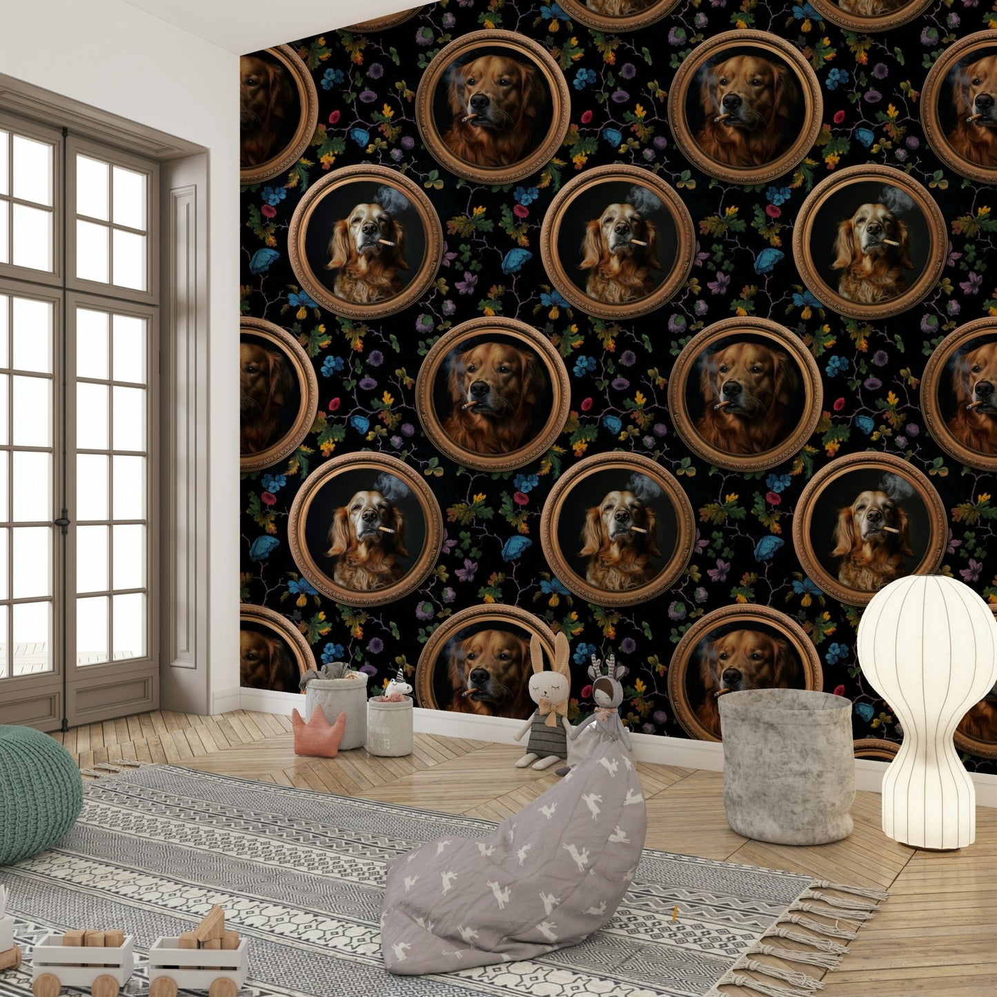 Golden Retrievers depicted in distinguished portraits within gold frames.

