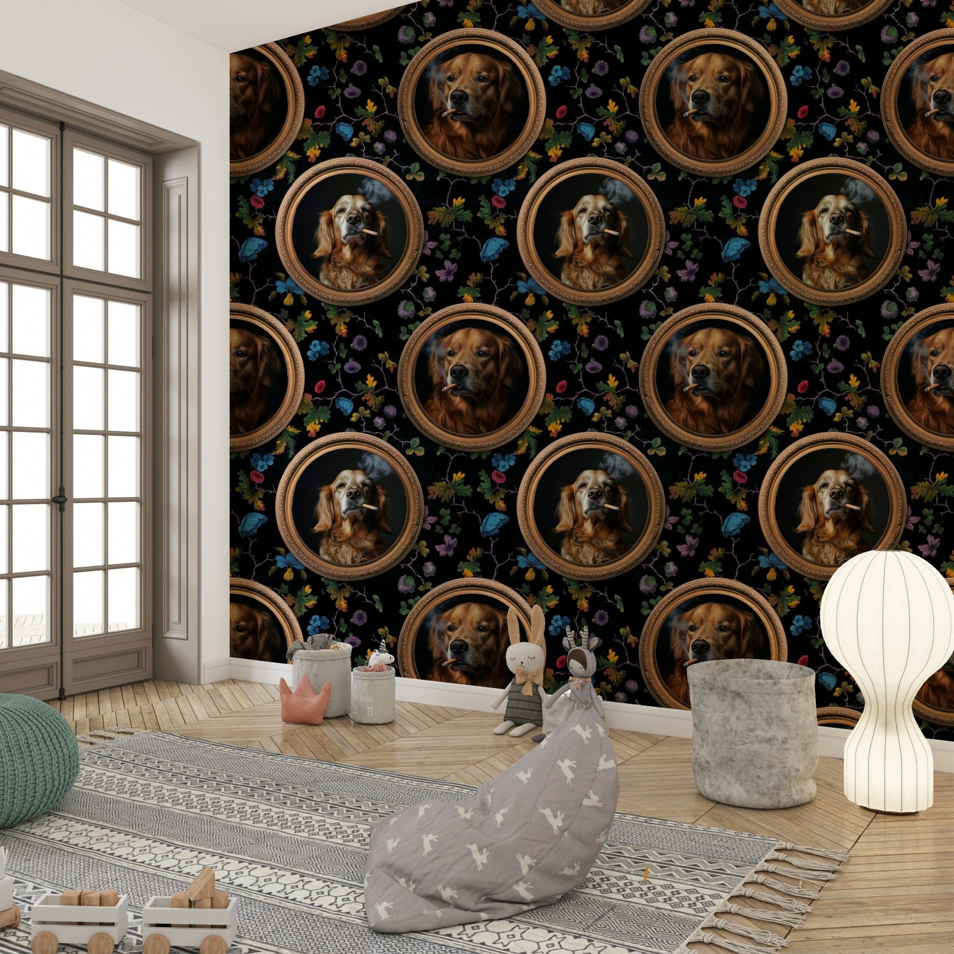 Golden Retrievers depicted in distinguished portraits within gold frames.

