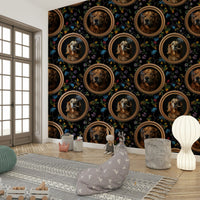 Golden Retrievers depicted in distinguished portraits within gold frames.

