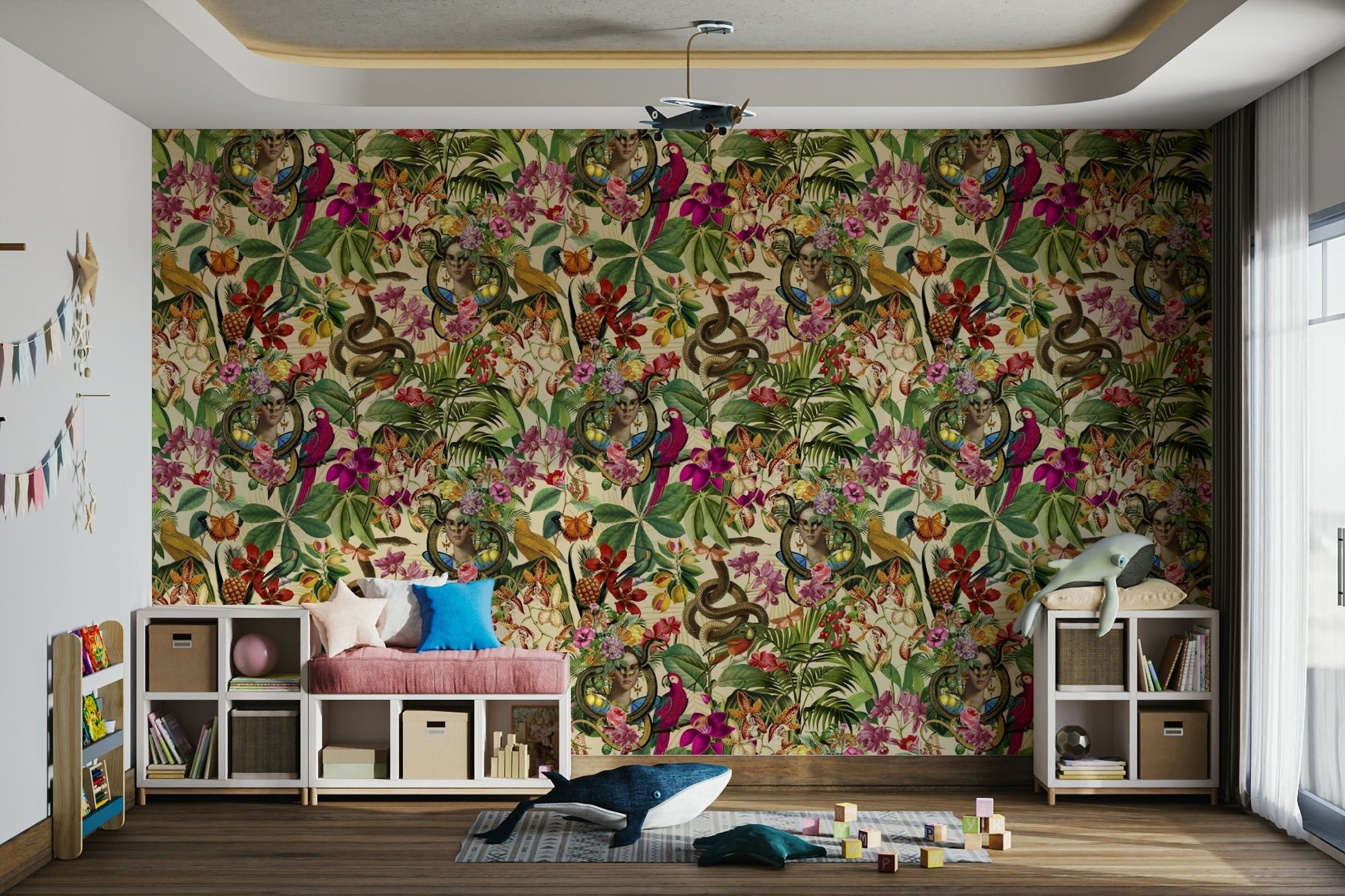 Coiled snake in whimsical mural design, GD2609