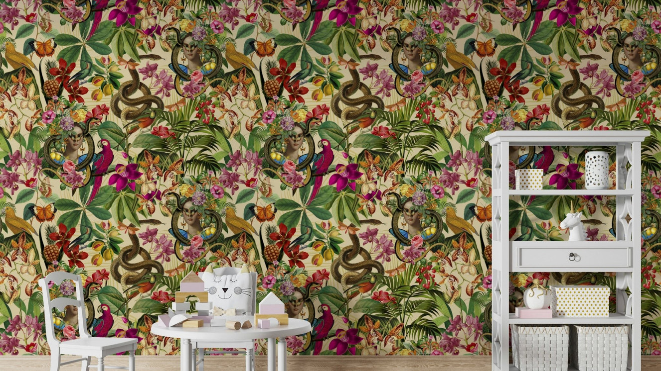 Snake Princess Whimsical Botanical Collage Wallpaper

