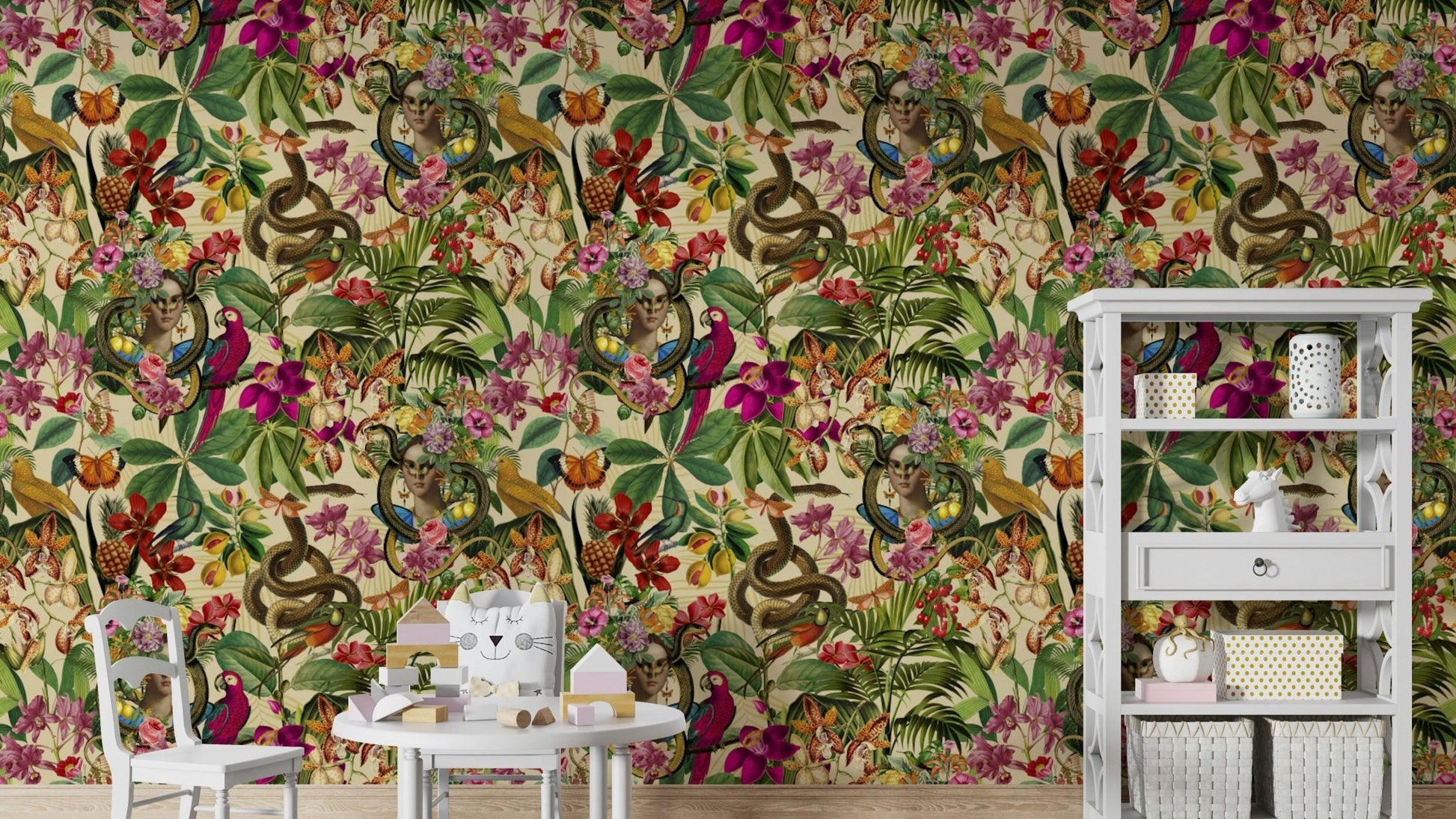 Snake Princess Whimsical Botanical Collage Wallpaper, GD2609