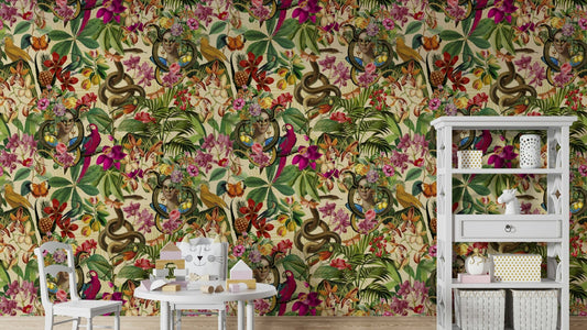 Snake Princess Whimsical Botanical Collage Wallpaper

