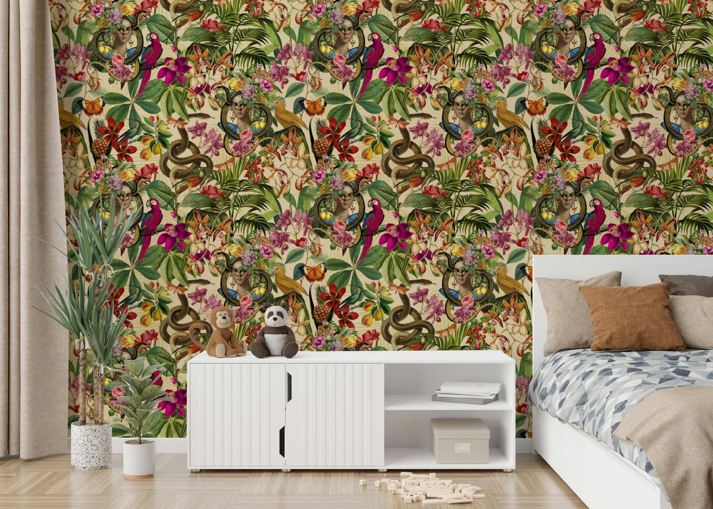 Hand-drawn vintage wall mural with florals, GD2609