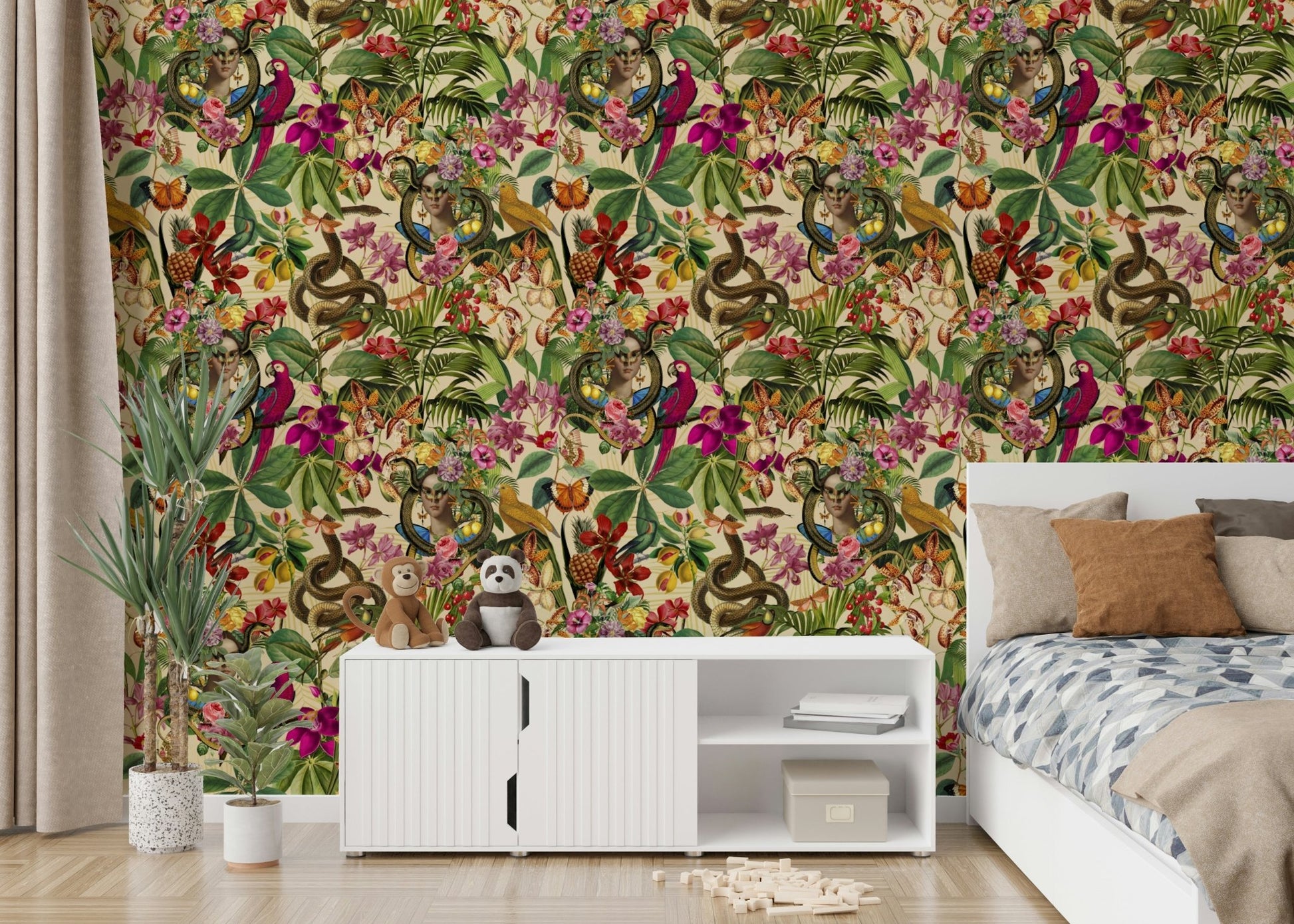 Hand-drawn vintage wall mural with florals, GD2609