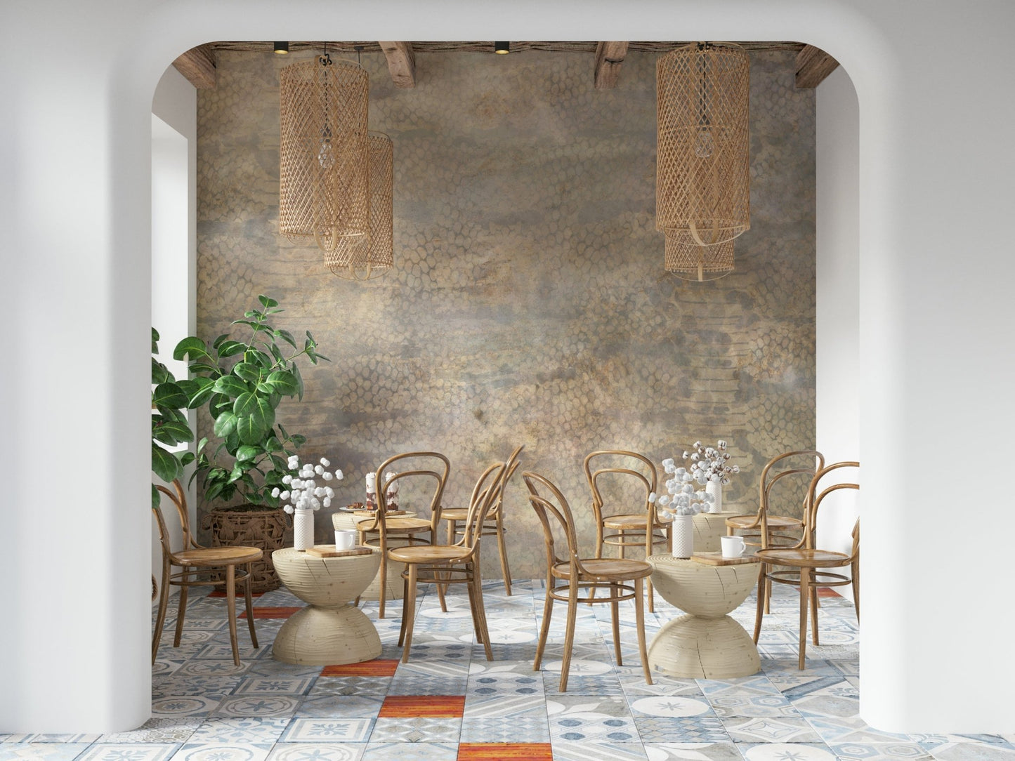 A graceful subtle pattern wall mural in rich, dark and golden tones.