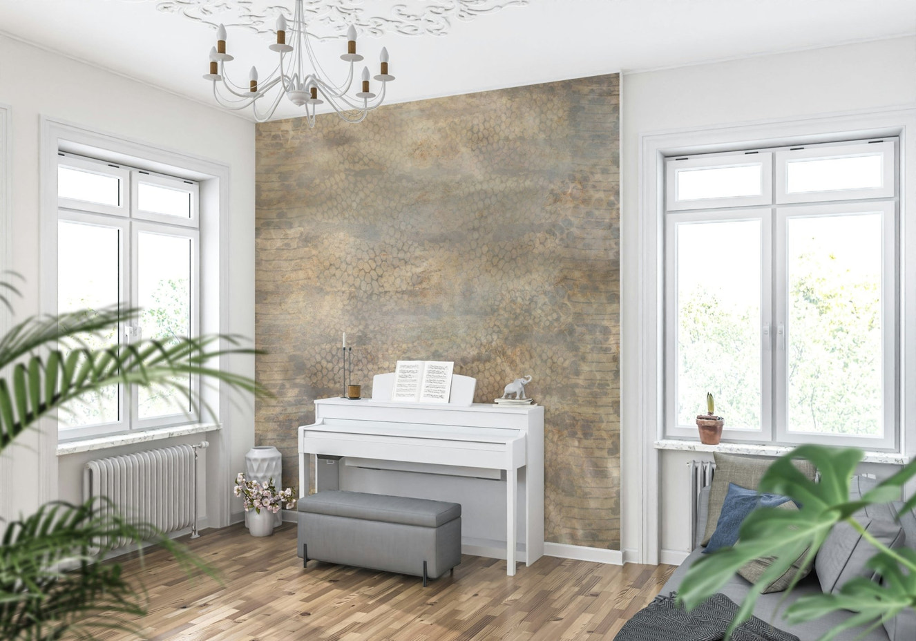 A beautiful subtle snakeskin wallpaper mural with shimmering gold accents.