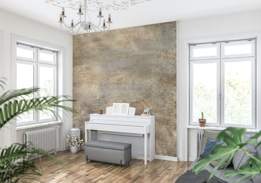 A beautiful subtle snakeskin wallpaper mural with shimmering gold accents.