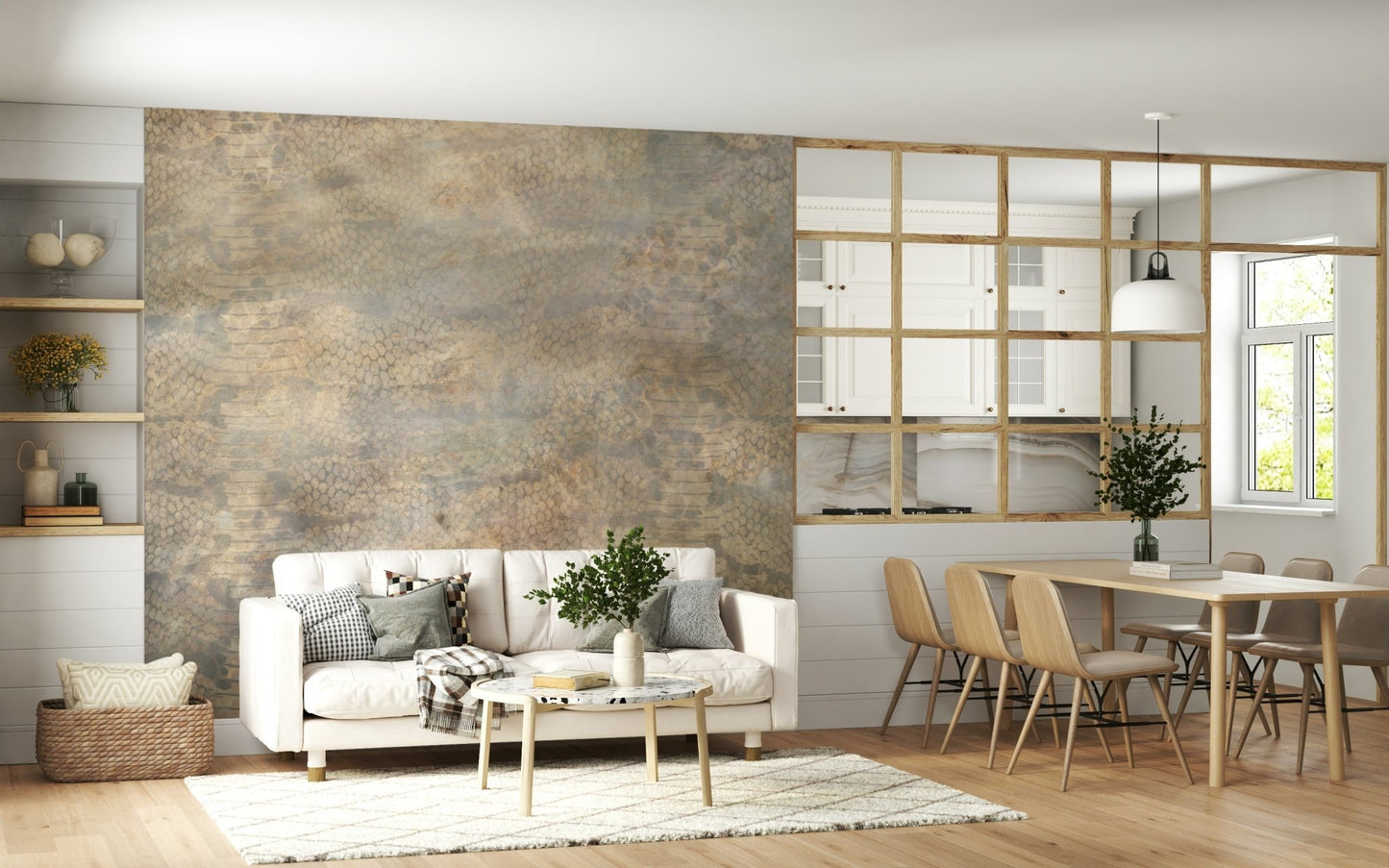 A peaceful modern abstract mural on decorative wallpaper.
