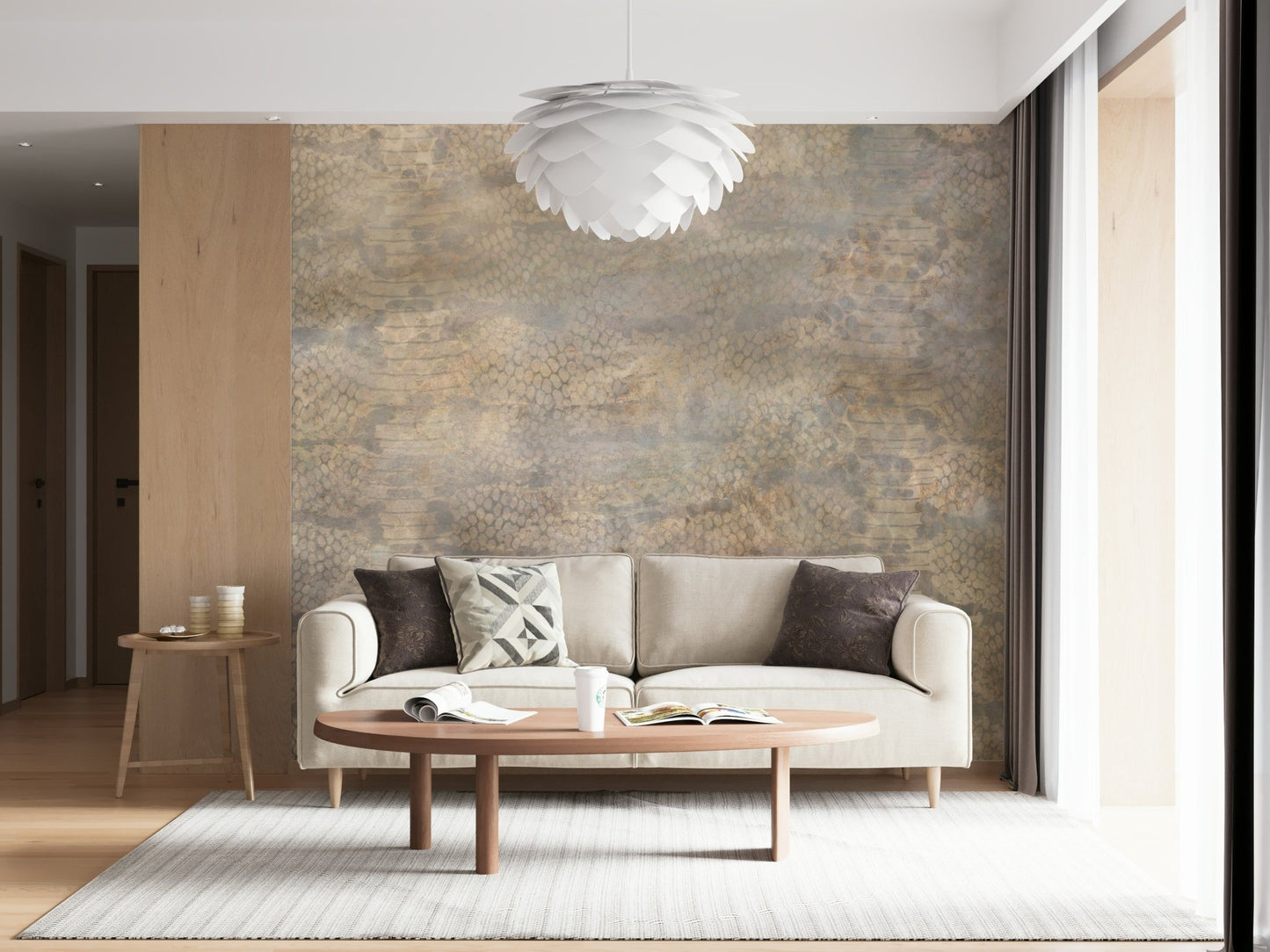 An artistic soft focus mural on luxury wallpaper.