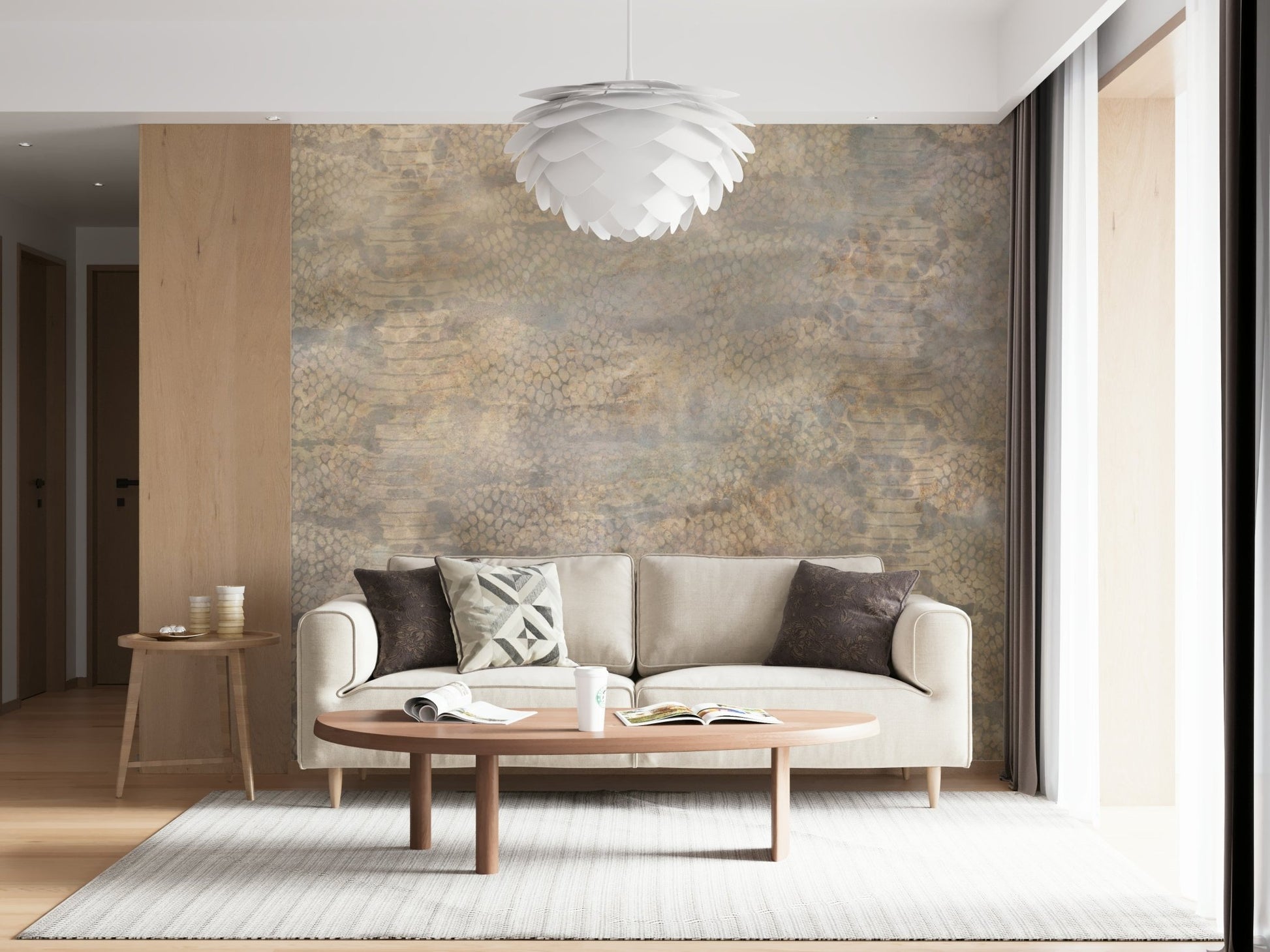 An artistic soft focus mural on luxury wallpaper.