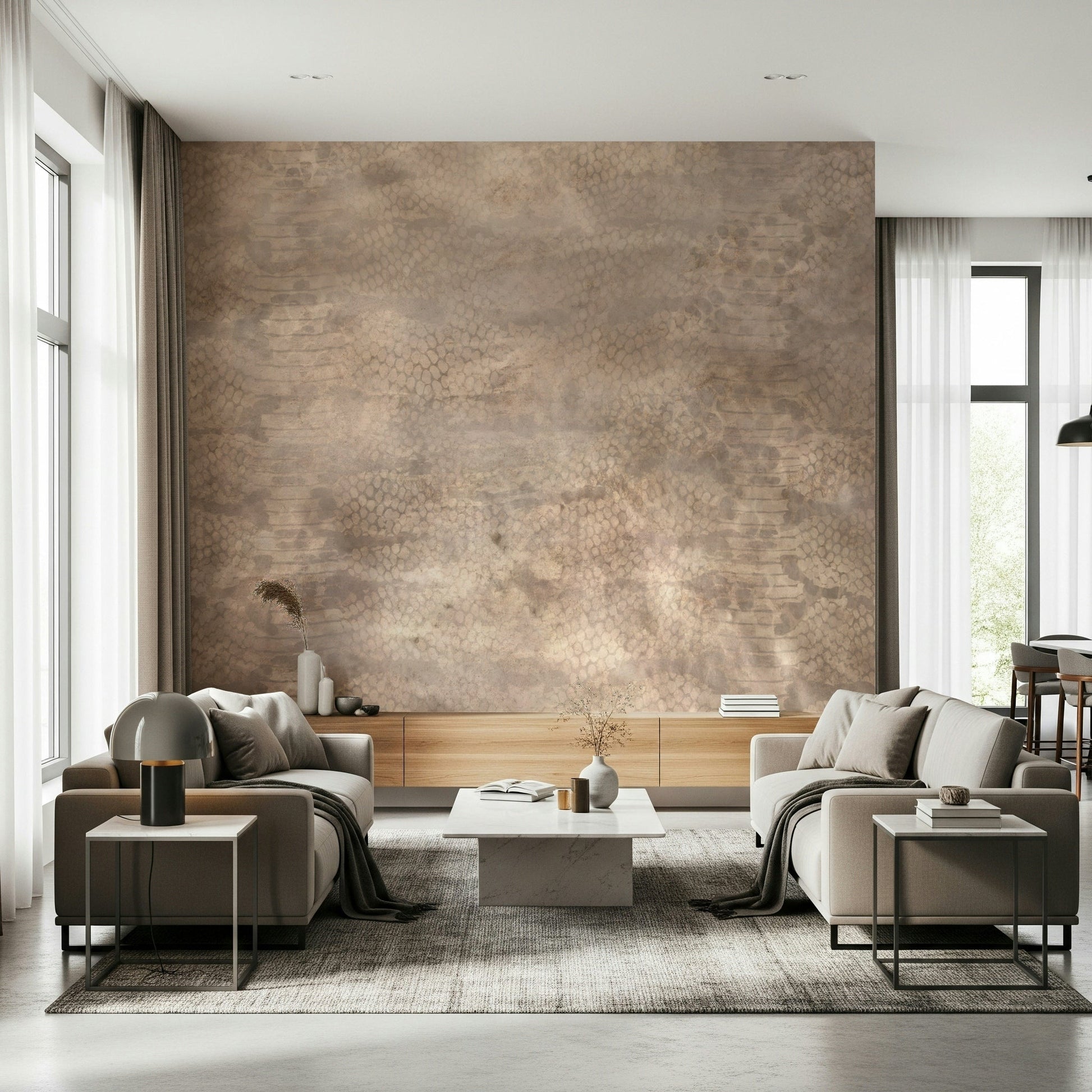 A graceful subtle pattern wall mural in rich, rose gold and neutral tones.