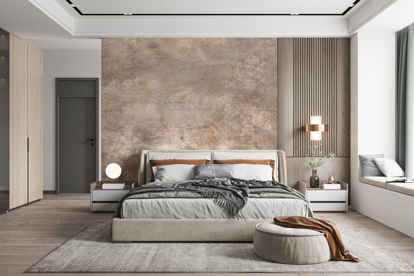 A peaceful modern abstract mural on decorative wallpaper.
