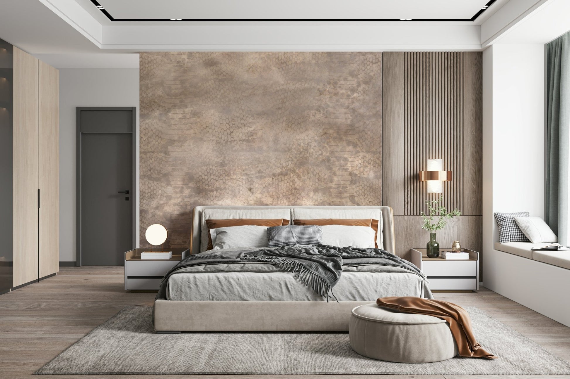 A peaceful modern abstract mural on decorative wallpaper.