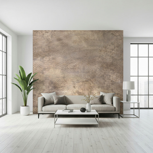 A beautiful subtle snakeskin wallpaper mural with rose gold metallic accents and reptile texture.