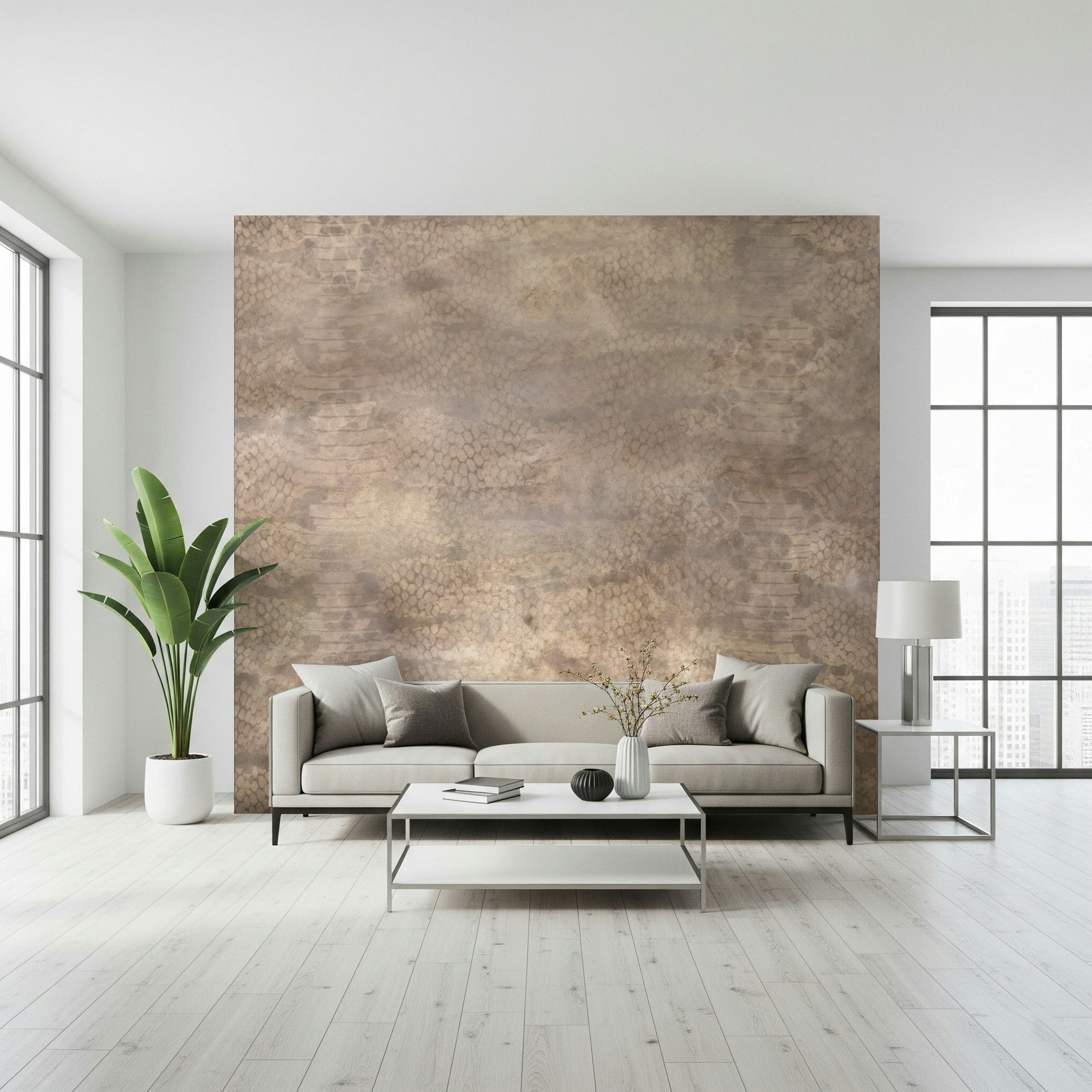 A beautiful subtle snakeskin wallpaper mural with rose gold metallic accents and reptile texture., GD6003