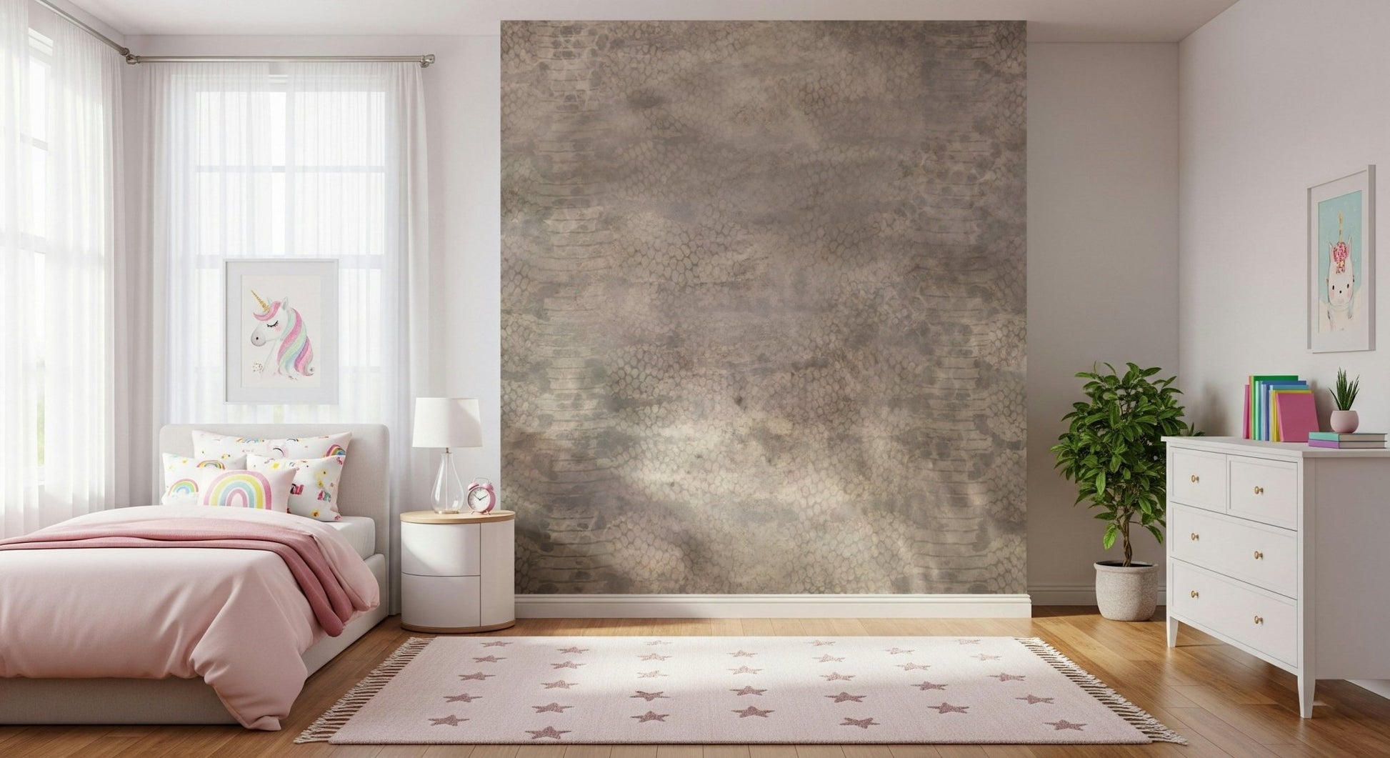 A peaceful modern abstract mural on decorative wallpaper.