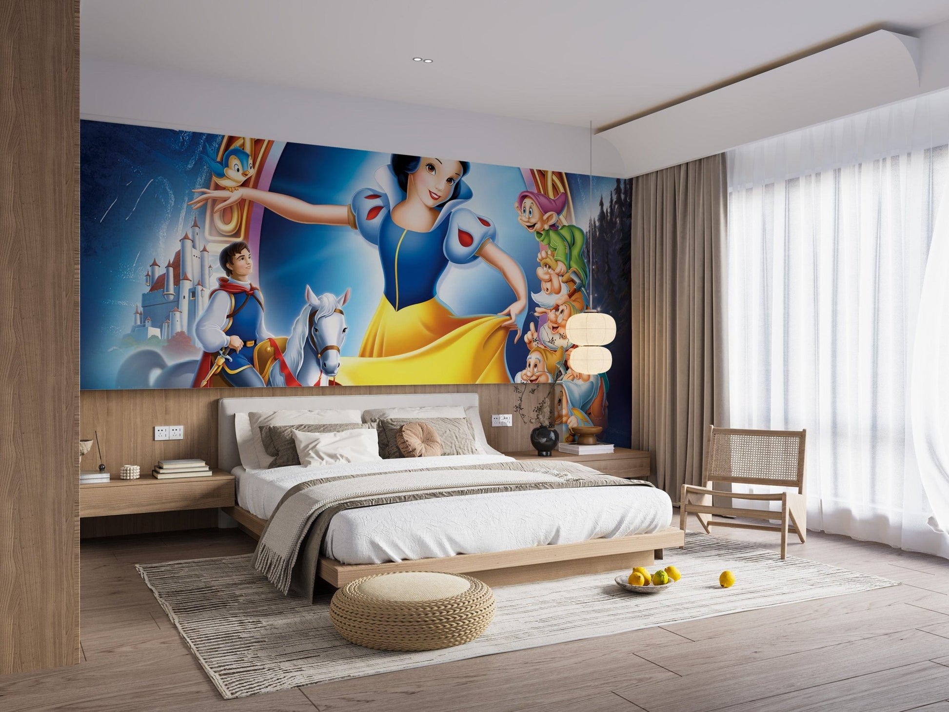 Snow White adventure story mural for family spaces
